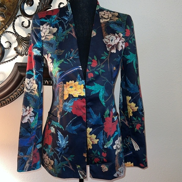 alice + olivia Women’s Floral Bird Standup Collar Fully Lined Blazer Jacket 2 - Picture 1 of 16